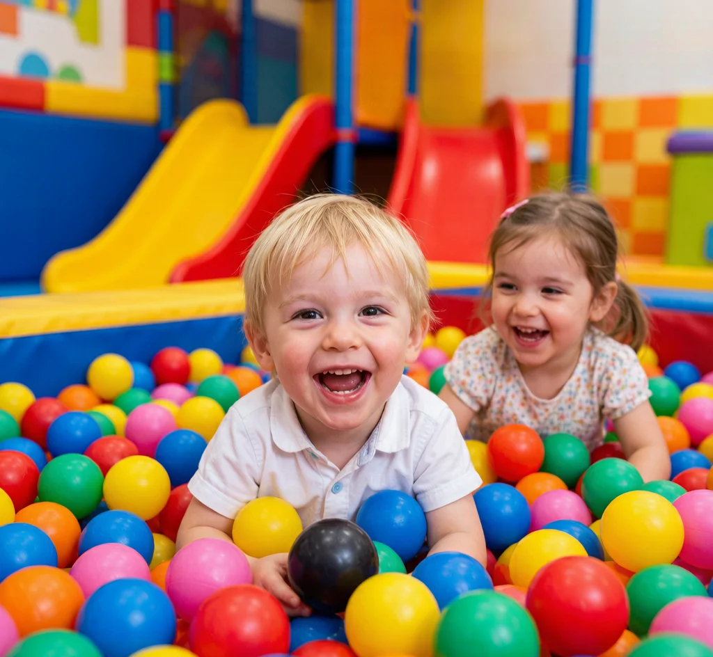 Children playing with colorful ball pit balls